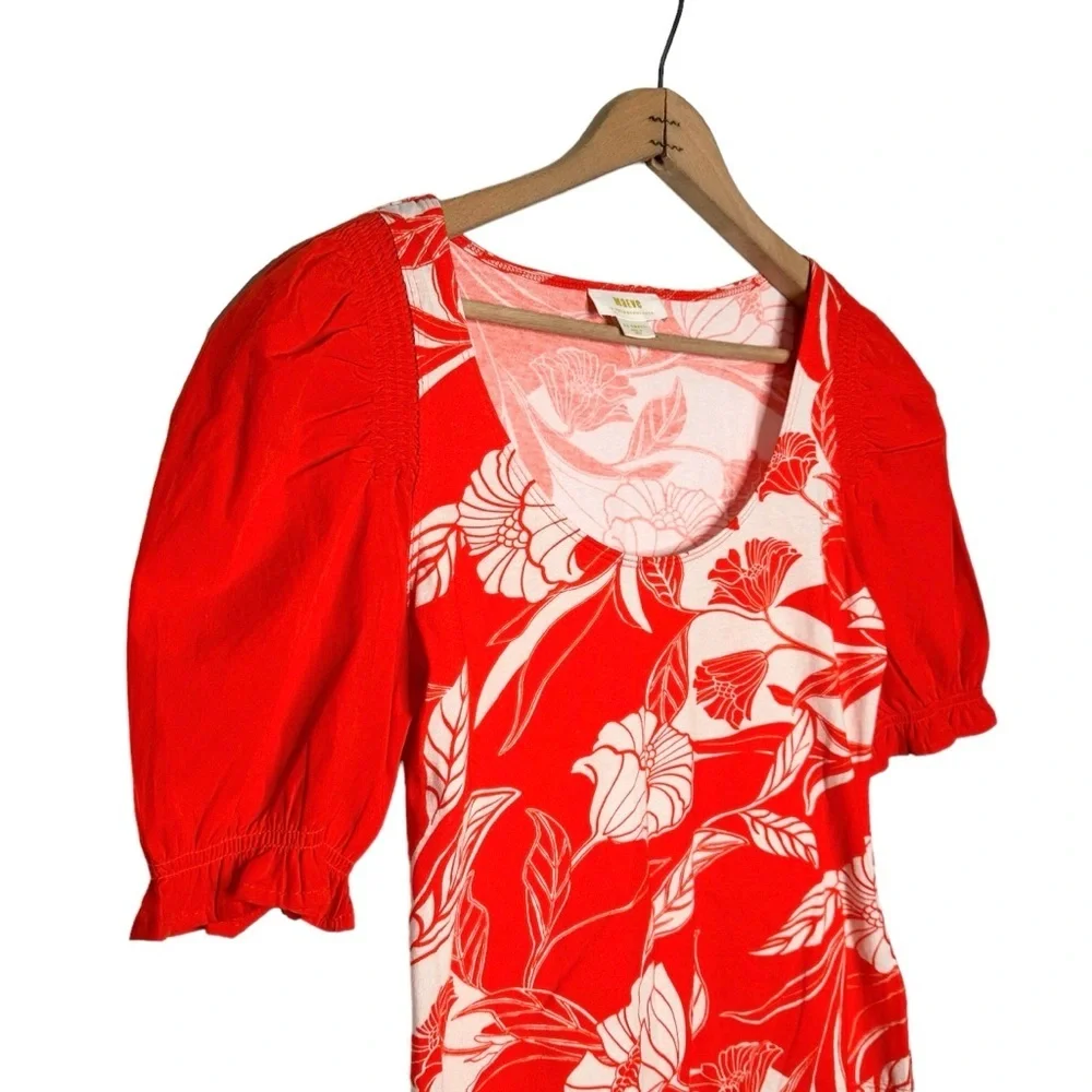 Anthropologie | Maeve Orange and White Floral Woven Puff-Sleeve Top Size XS